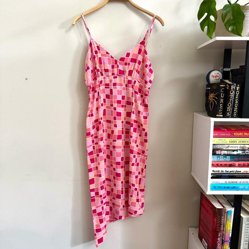 Vintage 90s Pink Mosaic Dress Spaghetti Straps 11/12 Asymmetric Hem
